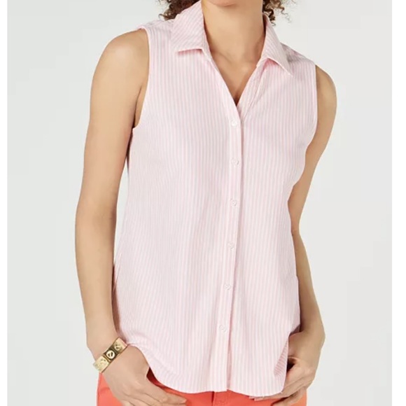 Charter Club Tops - Charter Club Pink White Striped Cotton Sleeveless Button Down Top Preppy Sz 12